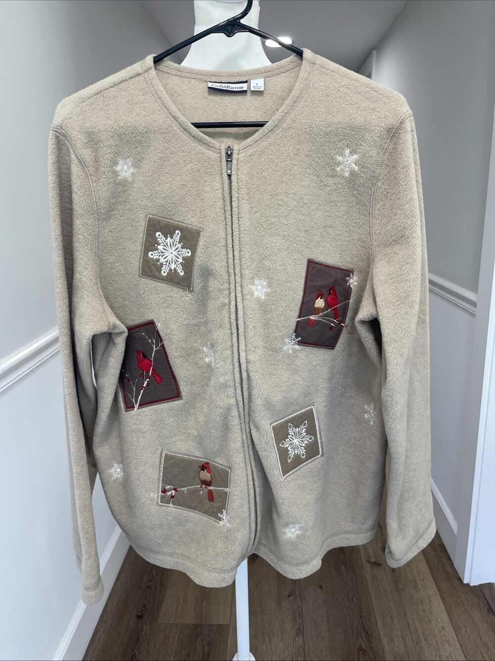 Croft & Barrow Tan Fleece Zip Up Cardinal Snowflake Birdwatcher Fall Sz Large